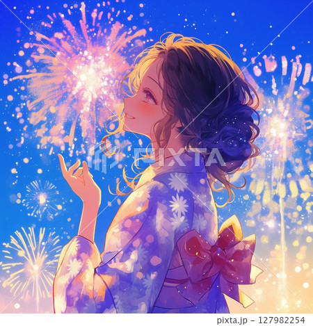 花火を見ている浴衣姿の女の子 花火を見ている浴衣姿の女の子 127982254