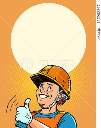 Recommendation of good quality from the builder. Advertisement from the developer of houses for clients. Man smiling in a helmet with empty space. 127982367