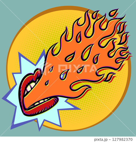 Lips spew fire. Hot offer. Rock and roll style. 127982370
