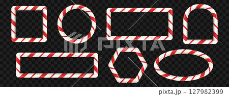 Realistic set of candy cane style frames. Round, square, and oval borders with red and white stripes. Striped elements for cards, banners, or photo templates. Vector illustration on a black background Realistic set of candy cane style frames. Round, square, and oval borders with red and white stripes. Striped elements for cards, banners, or photo templates. Vector illustration on a black background 127982399