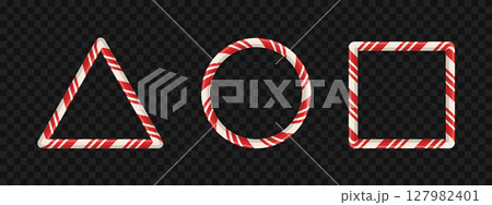 Red striped candy stick border with cute cartoon design for decoration or text. Oval, rectangle, and triangle frame in 3D style for xmas or new year. Vector. 127982401