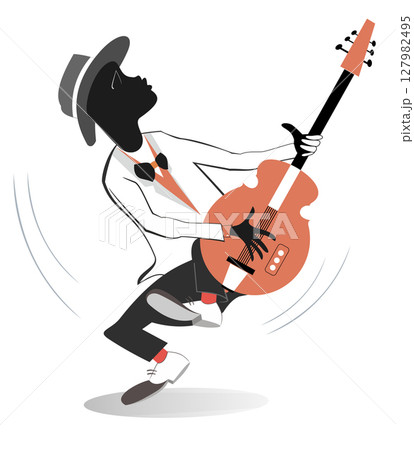 African singing guitar player. African guitarist plays electric guitar and sings. Isolated on white background African singing guitar player. African guitarist plays electric guitar and sings. Isolated on white background 127982495