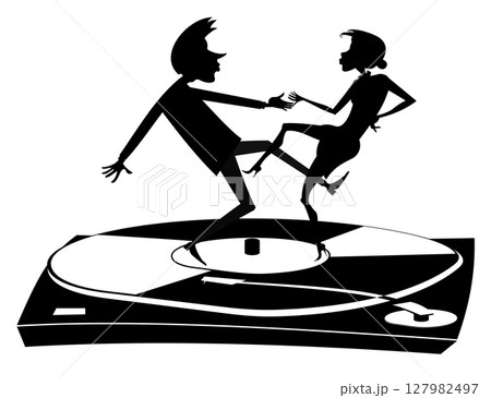Romantic young couple dancing on the long play record. Happy young man and woman dancing on the long play record. Black and white illustration 127982497