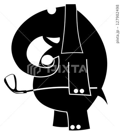 Cartoon elephant plays golf. Funny elephant holds a golf club, a ball in the trunk. Black and white illustration	 127982498