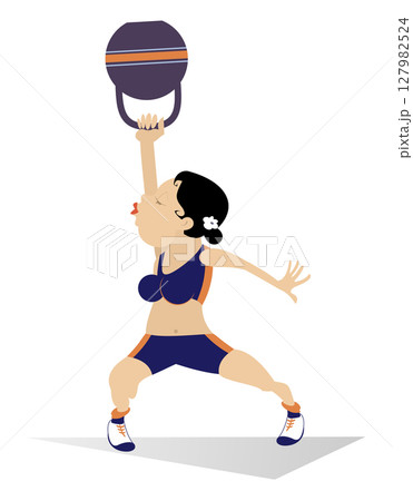 Sportsperson. Weightlifter. Kettlebell. Strong young woman does exercises with the heavy sports kettlebell Sportsperson. Weightlifter. Kettlebell. Strong young woman does exercises with the heavy sports kettlebell 127982524