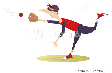Baseball. Cartoon baseball player. Infielder in game action. Isolated on white background Baseball. Cartoon baseball player. Infielder in game action. Isolated on white background 127982525