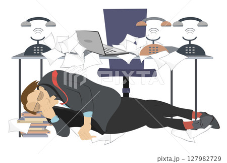 Hard working day. Tired businessman. Rest on the business place. Tired businessman sleeping under the table putting his head on the papers. Ringing telephones. 127982729