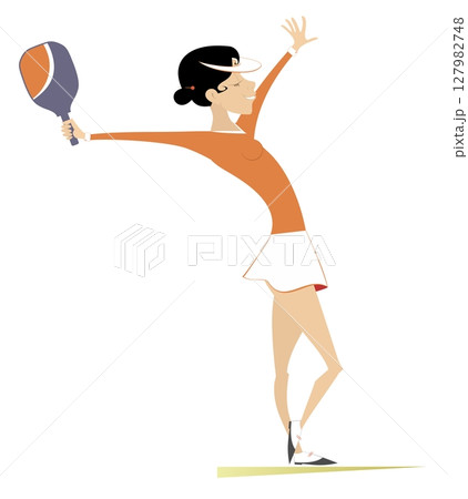 Smiling woman playing pickleball. Cheerfulness girl holds pickleball racket. White background	 127982748