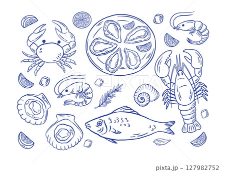 Set of hand draw Mediterranean seafood vector illustration. Oysters, lobster, crawfish, fish, scallop, shrimp doodle sketch icon set. La dolce vita 127982752