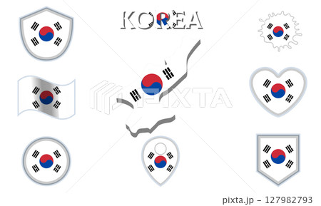 Collection of flat national flags of Korea with map 127982793
