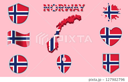 Collection of flat national flags of Norway with map 127982796
