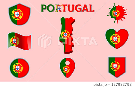Collection of flat national flags of Portugal with map Collection of flat national flags of Portugal with map 127982798
