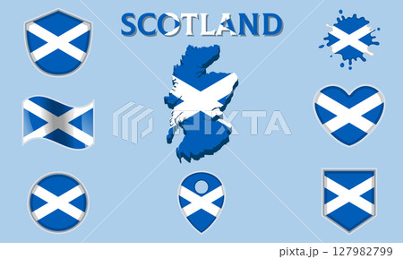 Collection of flat national flags of Scotland with map 127982799