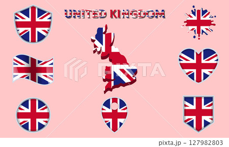 Collection of flat national flags of United Kingdom with map 127982803