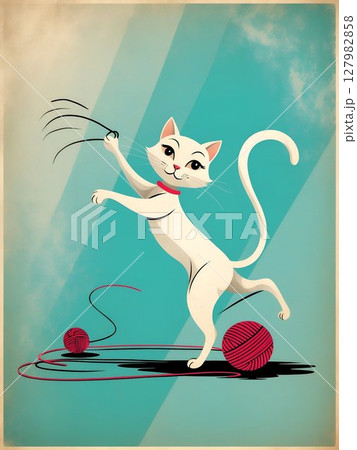 This is a vintage illustration showing a white cat having fun with a red ball of yarn 127982858