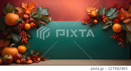 A table beautifully decorated with pumpkins, apples, leaves, and berries 127982965