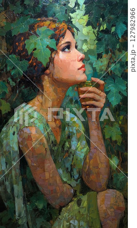 Contemplative woman in lush green forest, painted with paints 127982966