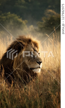 A regal lion stands tall amidst the sunlit savannah, his golden mane blending with the swaying grass 127982975