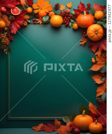 A frame composed of pumpkins, leaves, and fruit is displayed 127982977