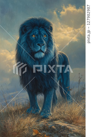 Majestic blue lion in a peaceful landscape, leadership concept 127982987
