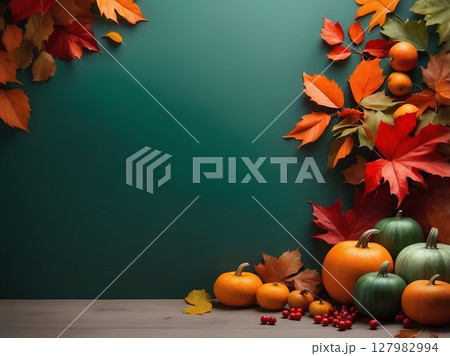The table is adorned with pumpkins and leaves in shades of orange and yellow 127982994