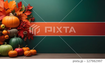 A variety of pumpkins and autumn leaves arranged neatly on a table 127982997