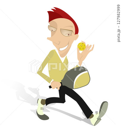 Smiling man going to play pickleball. Smiling man holds pickleball racket and ball. White background 127982999