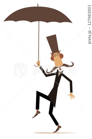 Funny man in the top hat holds an umbrella. Illustration of the long mustache gentleman in the top hat with umbrella 127983001