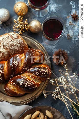 An arrangement of bread and two glasses of wine positioned on a table 127983016