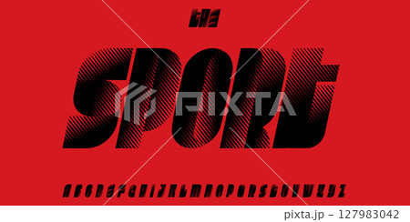 Tall racing font, bold tilted alphabet, heavy halftone letters, cyber esport typeface for fast sport logo, game poster headline, modern typography, unusual typographic design. Vector typeset. Tall racing font, bold tilted alphabet, heavy halftone letters, cyber esport typeface for fast sport logo, game poster headline, modern typography, unusual typographic design. Vector typeset. 127983042
