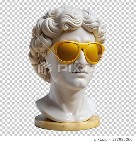 Apollo statue with yellow sunglasses 3d on transparent background, humorous classical art 127983066