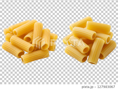 Close-up of uncooked rigatoni pasta on transparent background, italian food ingredient 127983067