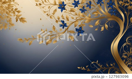 A Beautiful, Elegant Gold and Blue Floral Design Incorporating Tree Elements for Artistry 127983096