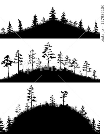 Vector collection of 3 seamless wood hills. Silhouettes of hand drawn upland forest black and white 127983186
