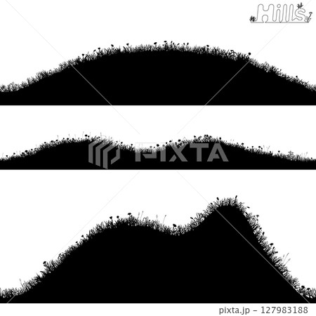 Beautiful vector collection of 3 seamless hill silhouettes. Detailed hand drawn black and white 127983188