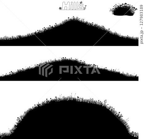 Vector set of 3 seamless hill silhouettes. Beautiful detailed hand drawn black and white landscapes Vector set of 3 seamless hill silhouettes. Beautiful detailed hand drawn black and white landscapes 127983189