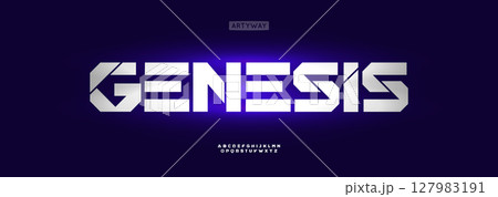 Futuristic geometric alphabet, bold cyber font, robotic typographic symbol for sci-fi gaming logo, virtual tech lettering title. Digital techno typographic design. Vector typeset Futuristic geometric alphabet, bold cyber font, robotic typographic symbol for sci-fi gaming logo, virtual tech lettering title. Digital techno typographic design. Vector typeset 127983191