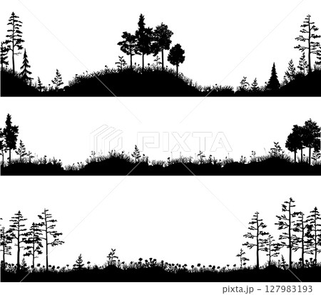 Vector set of 3 seamless forest border landscapes. Black and white realistic summer silhouettes of 127983193