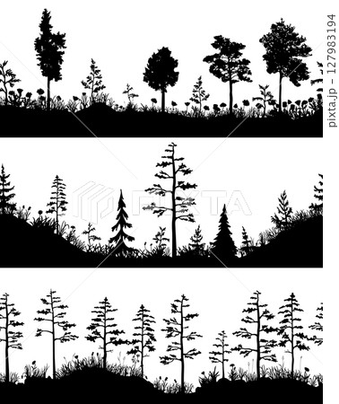Seamless vector set of 3 wood landscapes. Forest border black and white realistic summer silhouettes 127983194