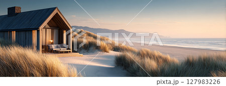 Coastal beach house nestled among tall grasses, with serene ocean waves in the background, creating a tranquil and inviting atmosphere for relaxation 127983226