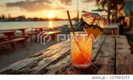 Refreshing tropical cocktail served in a glass with a colorful umbrella and pineapple slice, set against a stunning sunset by the beach Refreshing tropical cocktail served in a glass with a colorful umbrella and pineapple slice, set against a stunning sunset by the beach 127983255
