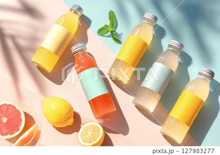 Colorful beverage bottles arranged artistically on pastel background with fresh citrus fruits, showcasing refreshing drinks and vibrant summer vibes 127983277
