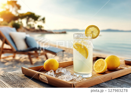 Refreshing lemonade drink with ice and lemon slices on wooden tray, beachside setting with lounge chair and serene ocean view, perfect for summer relaxation 127983278