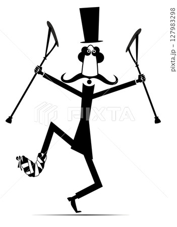 Happy to be healthy. Cartoon man with a bandage on the leg and a crutches. Cheerful long mustache gentleman in the top hat with a bandage on the leg dancing with crutches in both hands. 127983298