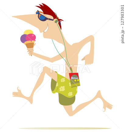 Running young man with an ice cream. Running listening music on player using headphones and eating an ice cream	 127983301