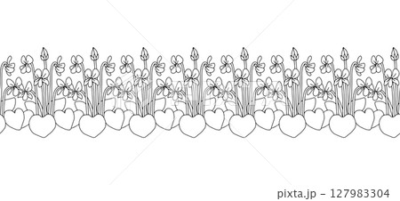 Stripe pattern with black and white line art canary islands flowers blue violet. Floral seamless border with monochrome hand drawn millefleur 127983304