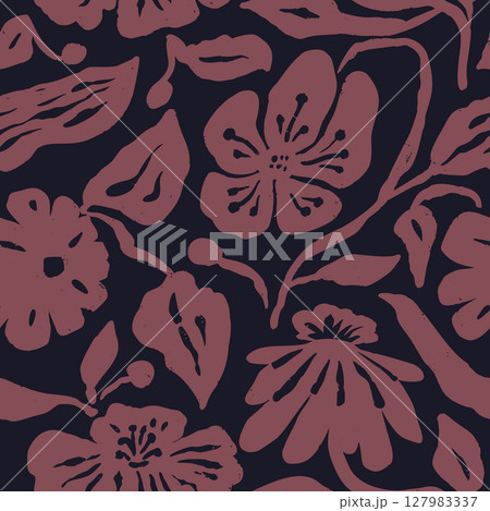 Monochrome black and burgundy brush strokes inky flowers seamless pattern 127983337