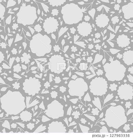 Monochrome gray and white ditsy floral silhouettes seamless pattern 127983338