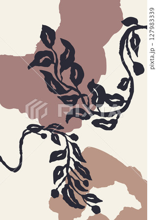 Poster or card with ink brush abstract sketch leaves and organic shapes background. Minimalist floral composition for cover, wall art or brochure design 127983339