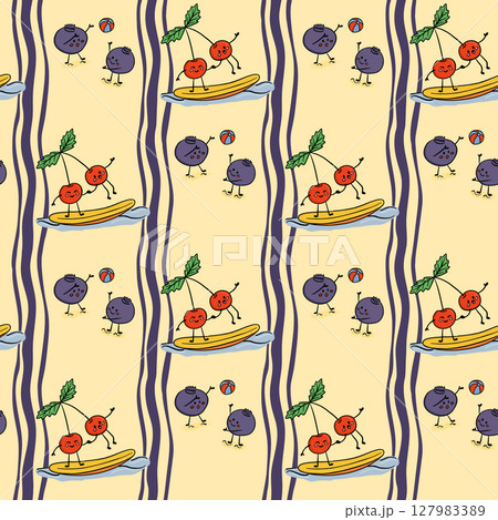Cute hand drawn seamless pattern with cherries and blueberries playing on the beach, surfing and playing ball 127983389